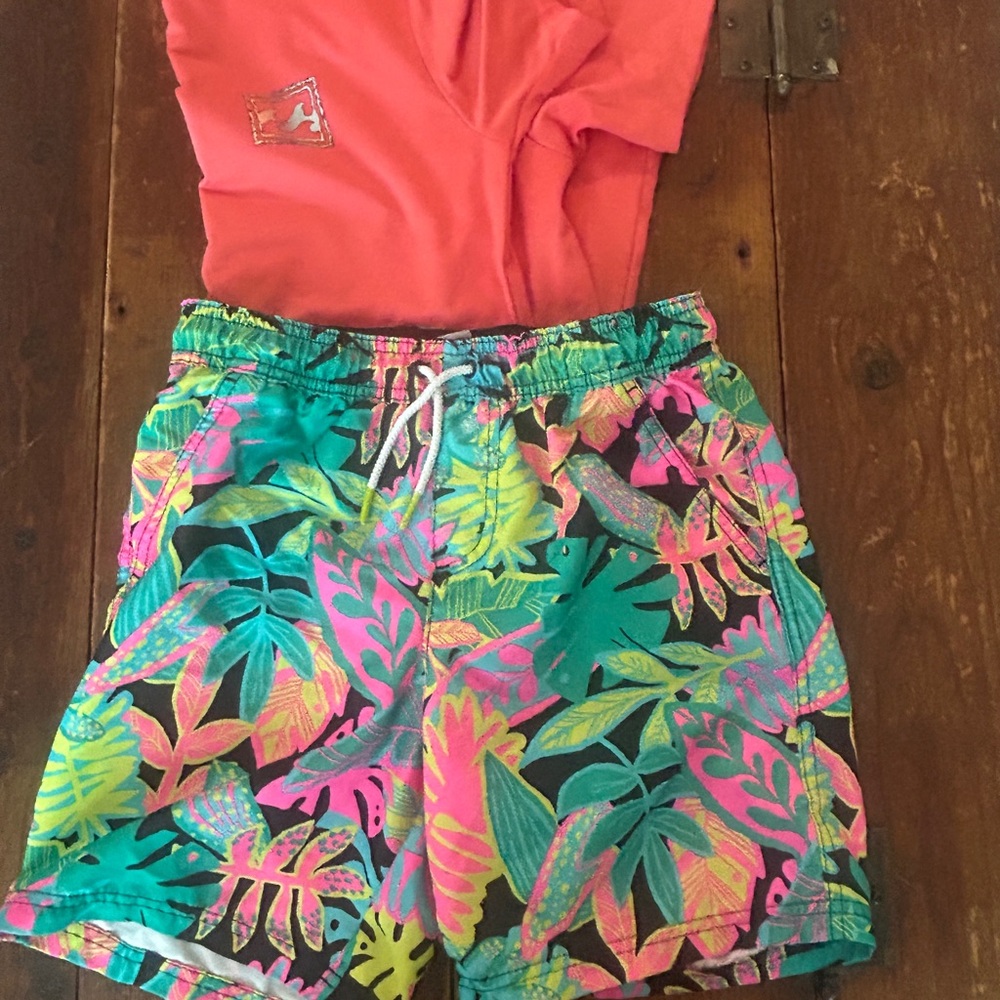 Boys Tropical Neon Swim Shorts with Coral Top